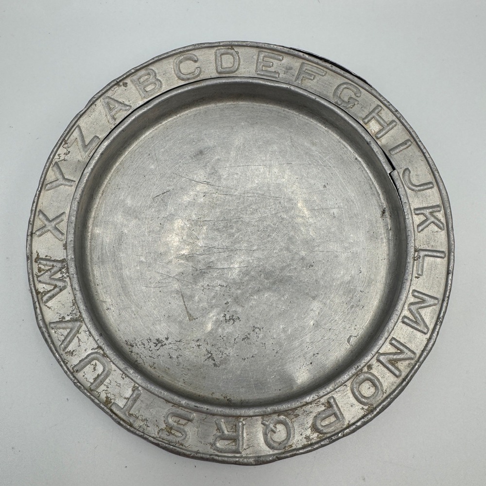 Vintage Aluminum Alphabet ABC Plate Embossed Metal Nursery Dish Silver Tone